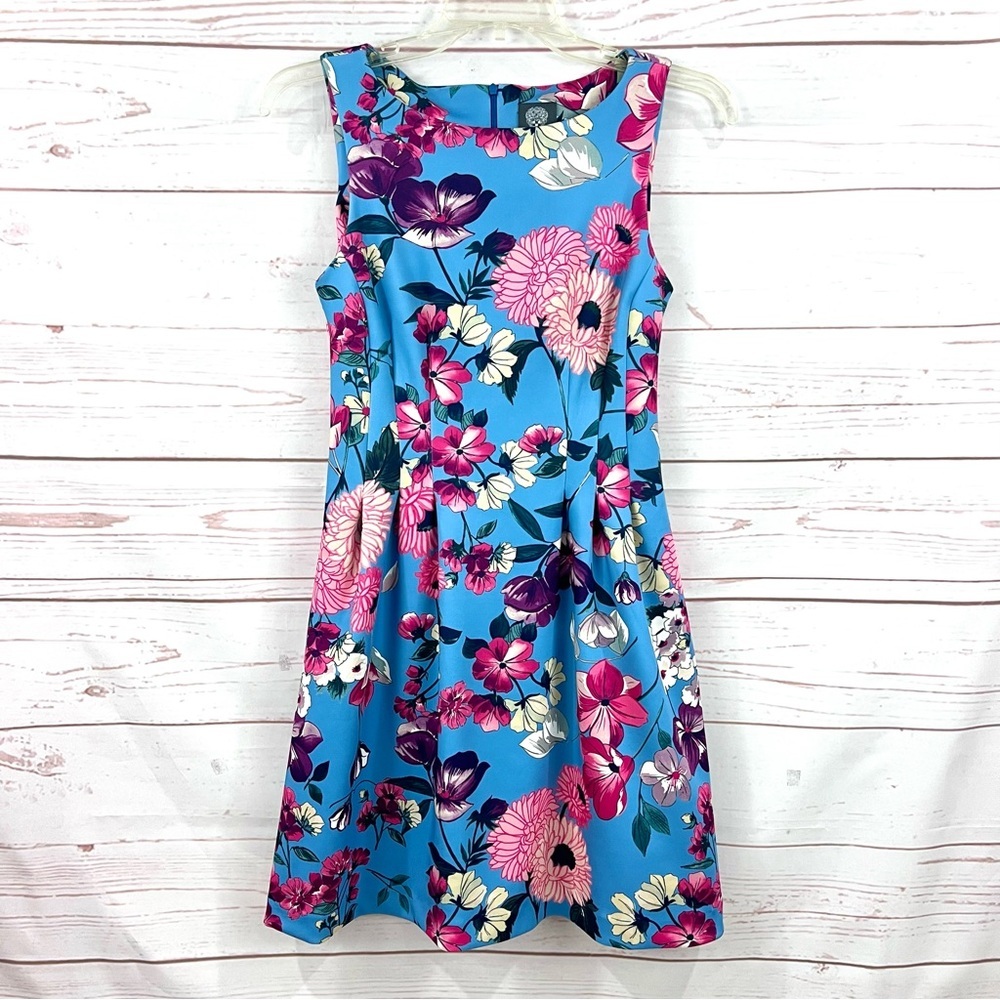 Vince Camuto Blue Sleeveless Floral Scuba Pocket Fot & Flare Dress